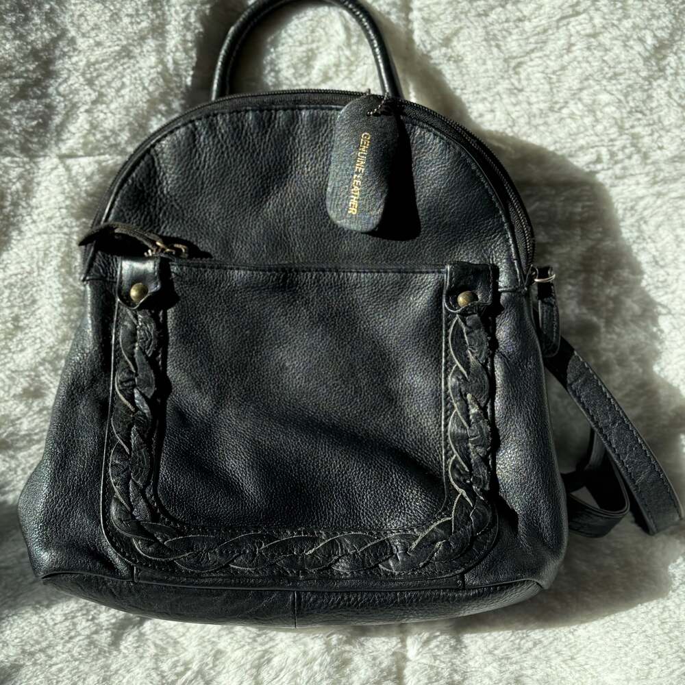 Great American Leatherworks Black Leather Backpack Braided Pocket Trim Small